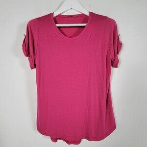 Anne Fontaine Womens Fuchsia Pink Round Neck Roll-Tab Sleeve T-Shirt Size 40
